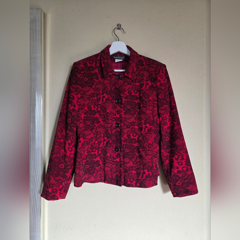 Vintage Harve Benard Red Black Lace Look Damask Blazer